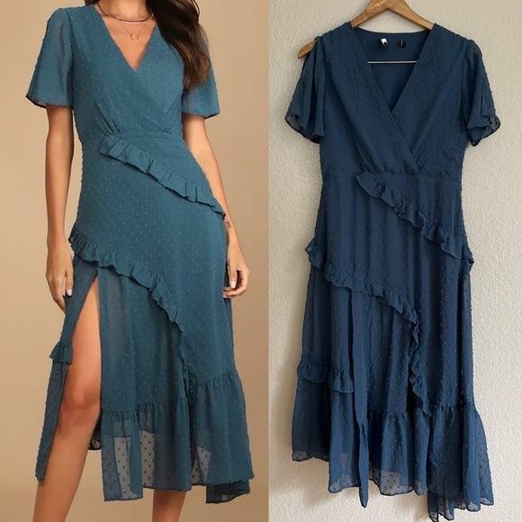 NWOT Next to You Slate Blue Swiss Dot Ruffled Midi Dress - Picture 3 of 9